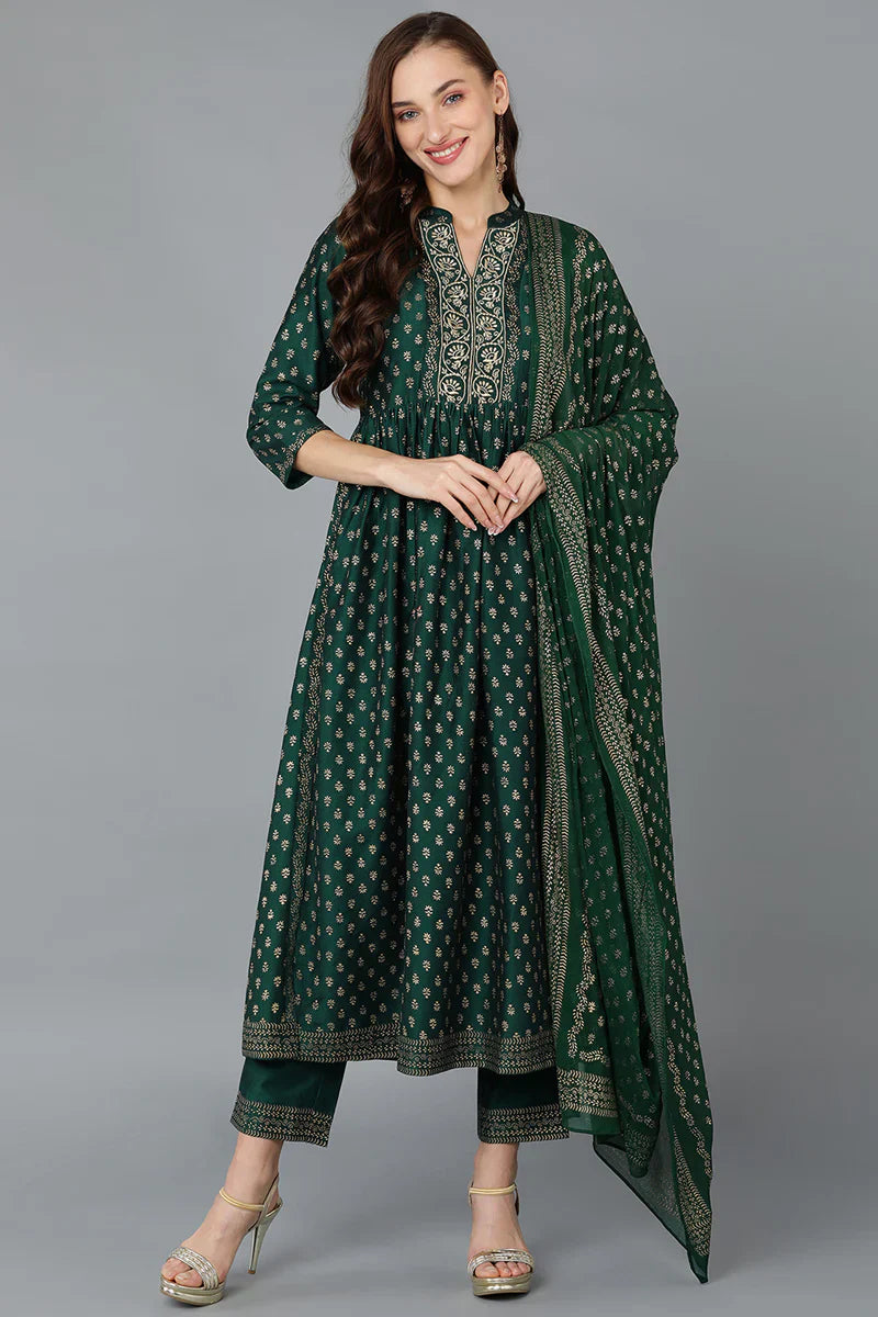 Green Silk Blend Anarkali Kurta Pant With Dupatta