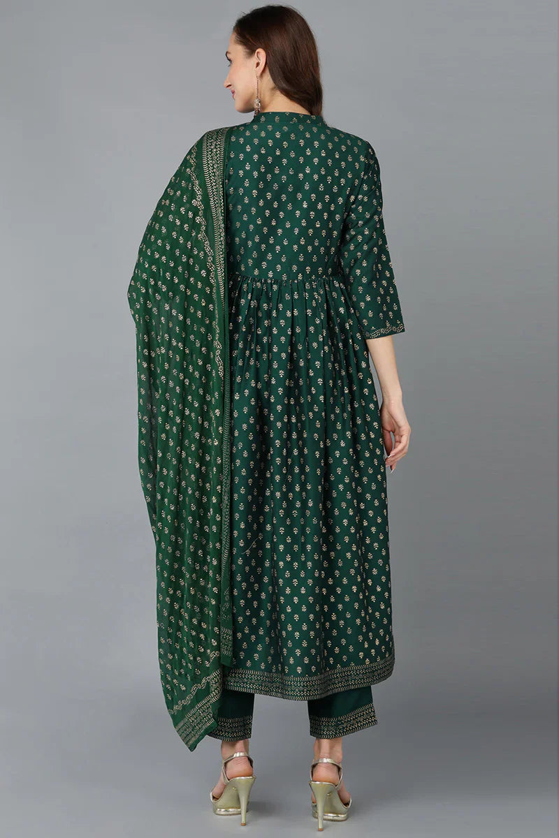Green Silk Blend Anarkali Kurta Pant With Dupatta