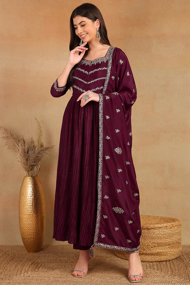 Purple Silk Blend Solid Embroidered Anarkali Suit Set