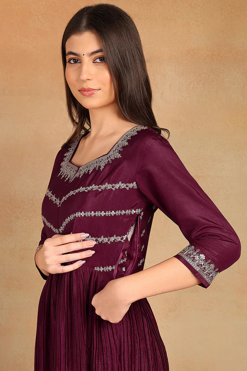 Purple Silk Blend Solid Embroidered Anarkali Suit Set