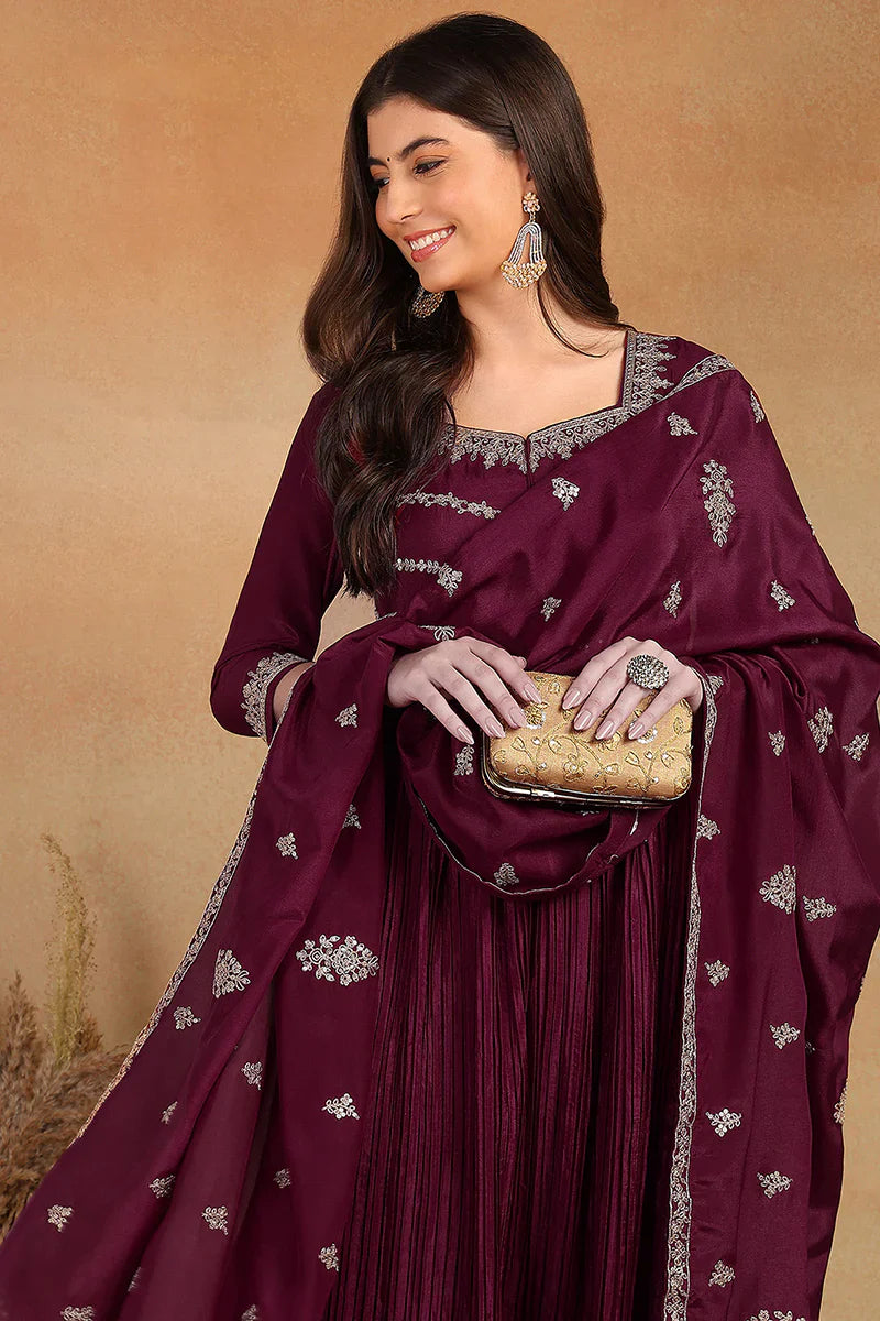 Purple Silk Blend Solid Embroidered Anarkali Suit Set
