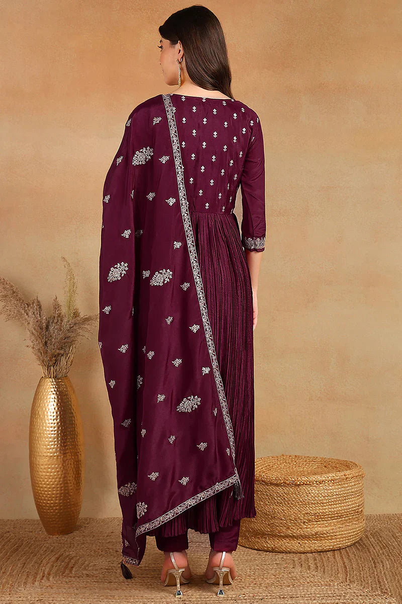 Purple Silk Blend Solid Embroidered Anarkali Suit Set