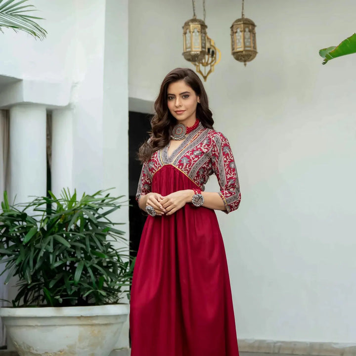 Maroon V Neck Midi Dress