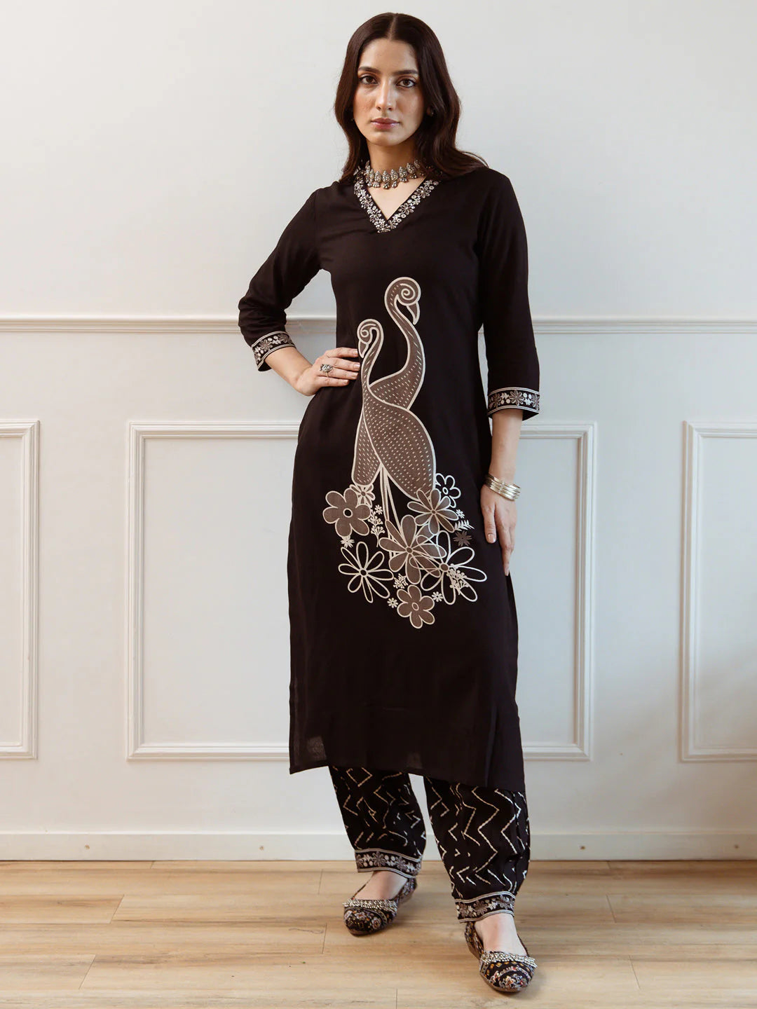 Black Embroidered Straight Kurta Set