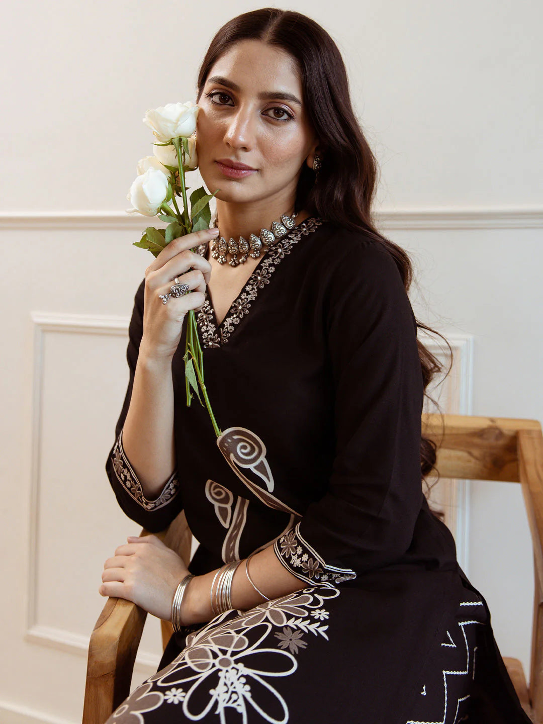 Black Embroidered Straight Kurta Set