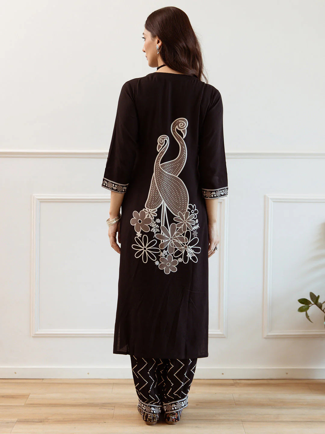 Black Embroidered Straight Kurta Set