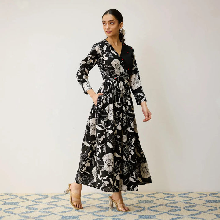 Black Cotton Overlap Dress