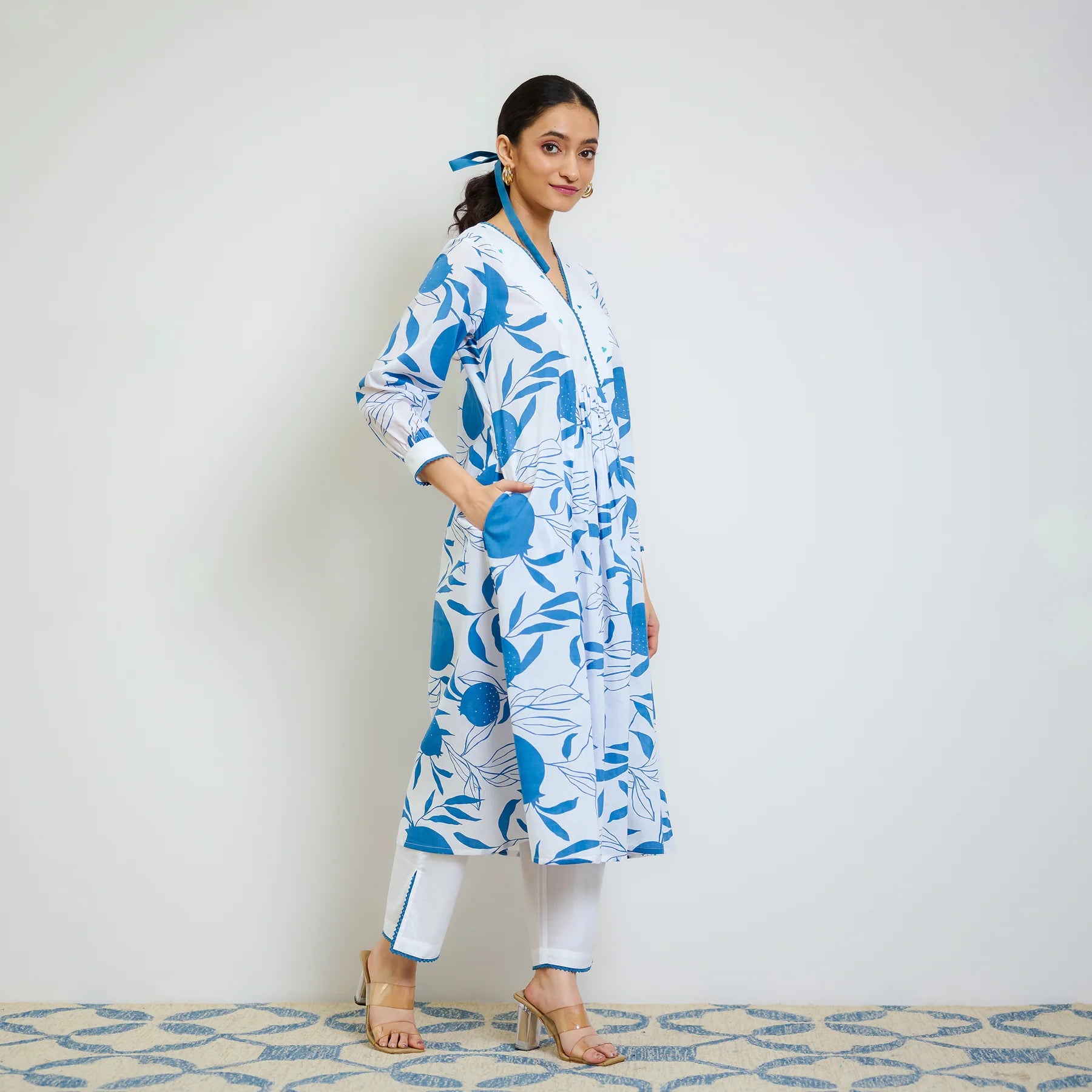 Electric Blue Cotton Kurta Set with Hand Embroidery Detail