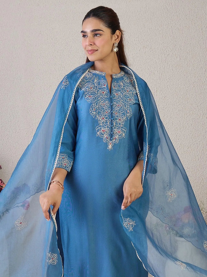 Blue Embroidered Straight Suit Set With Dupatta