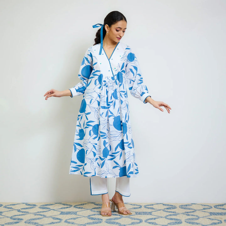 Electric Blue Cotton Kurta Set with Hand Embroidery Detail