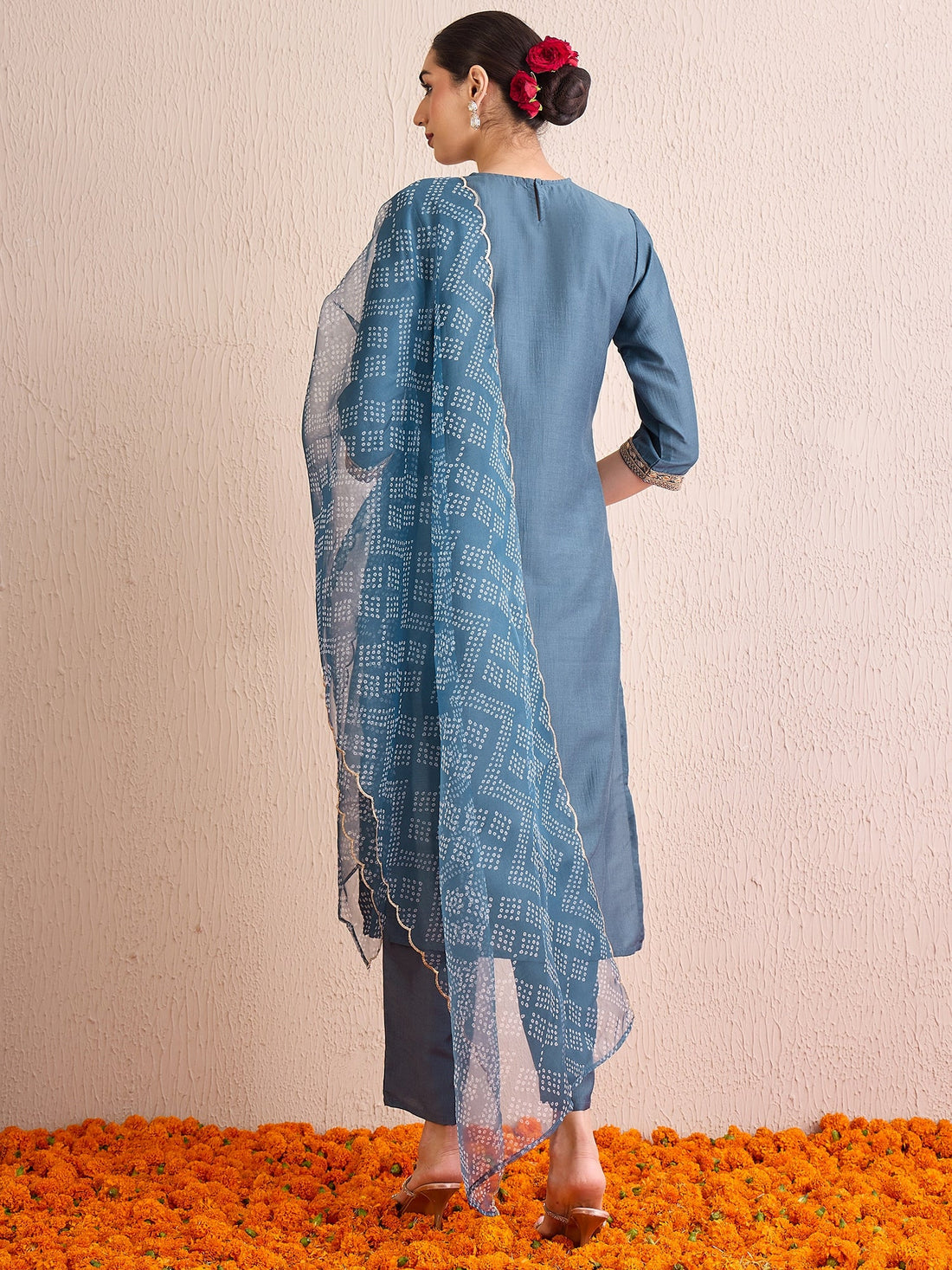 Grey Embroidered Straight Kurta Trousers With Dupatta set