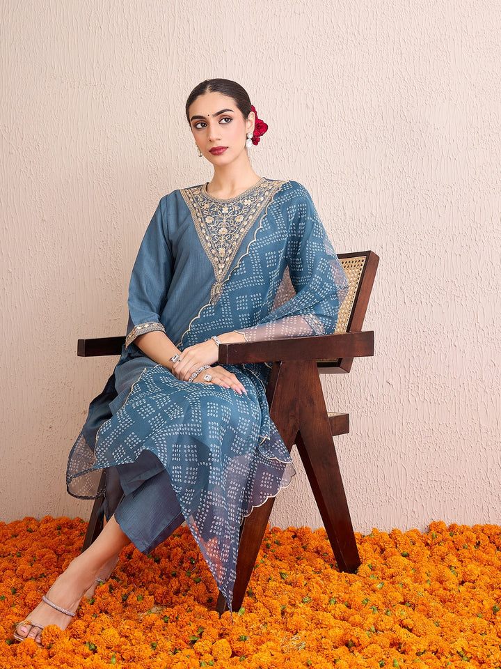 Grey Embroidered Straight Kurta Trousers With Dupatta set