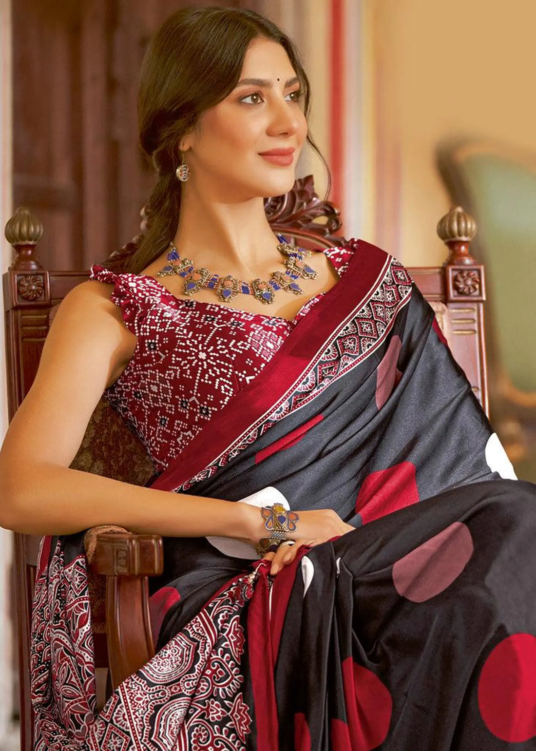Ajrakh Printed Saree Black Satin Polka Dot Saree