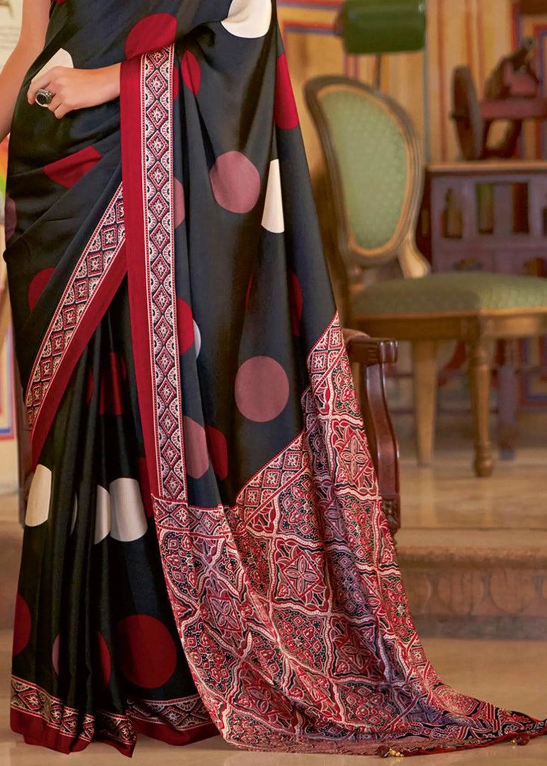 Ajrakh Printed Saree Black Satin Polka Dot Saree