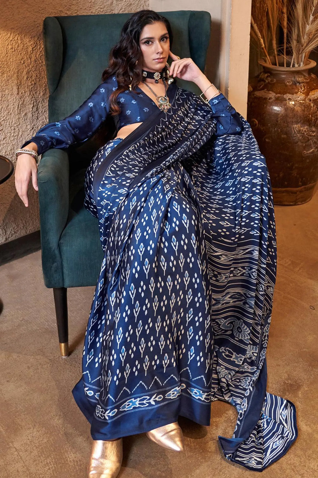 Royal Blue Printed Satin Crepe Saree