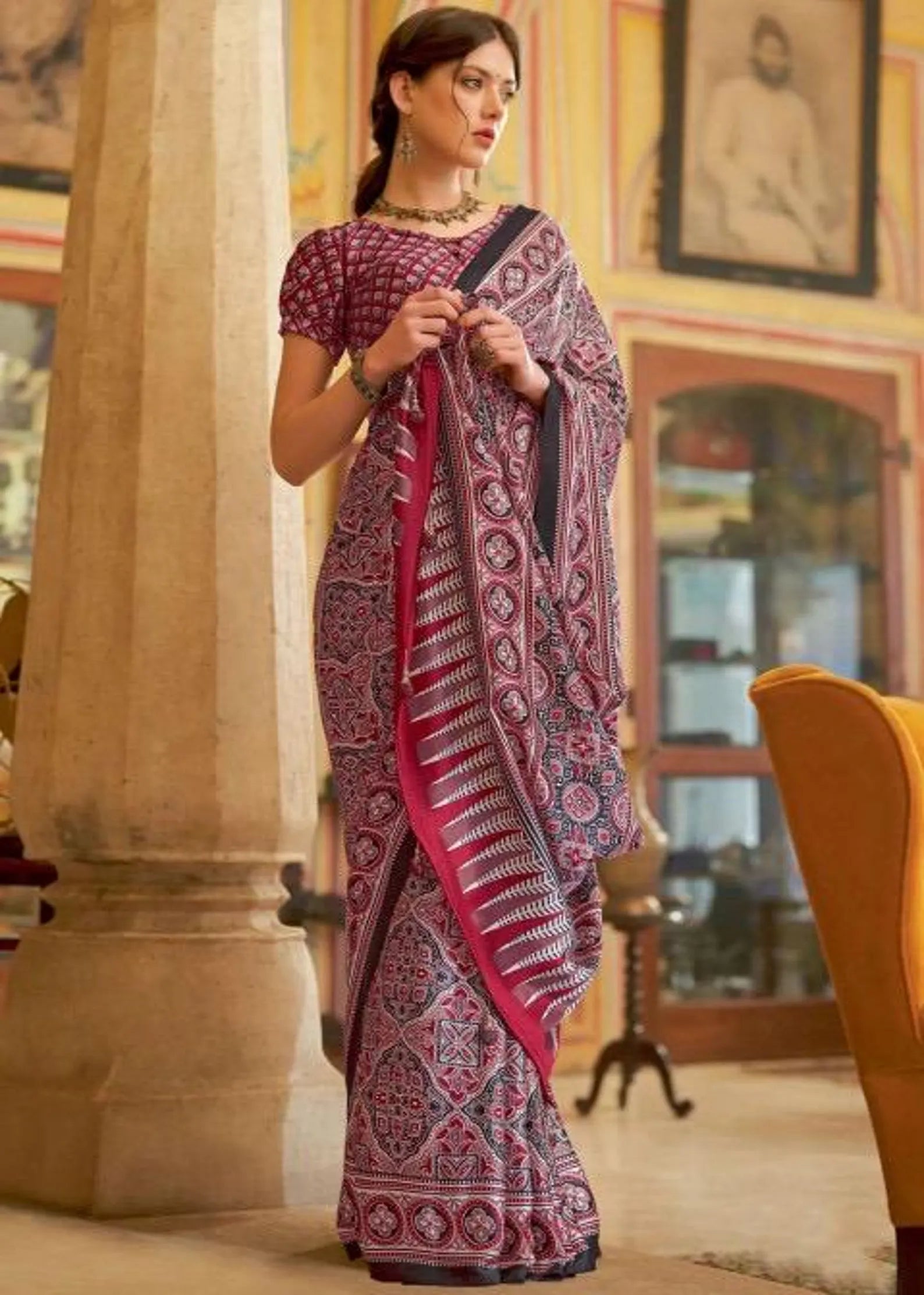 Ajrakh Printed Red Satin Crepe Saree