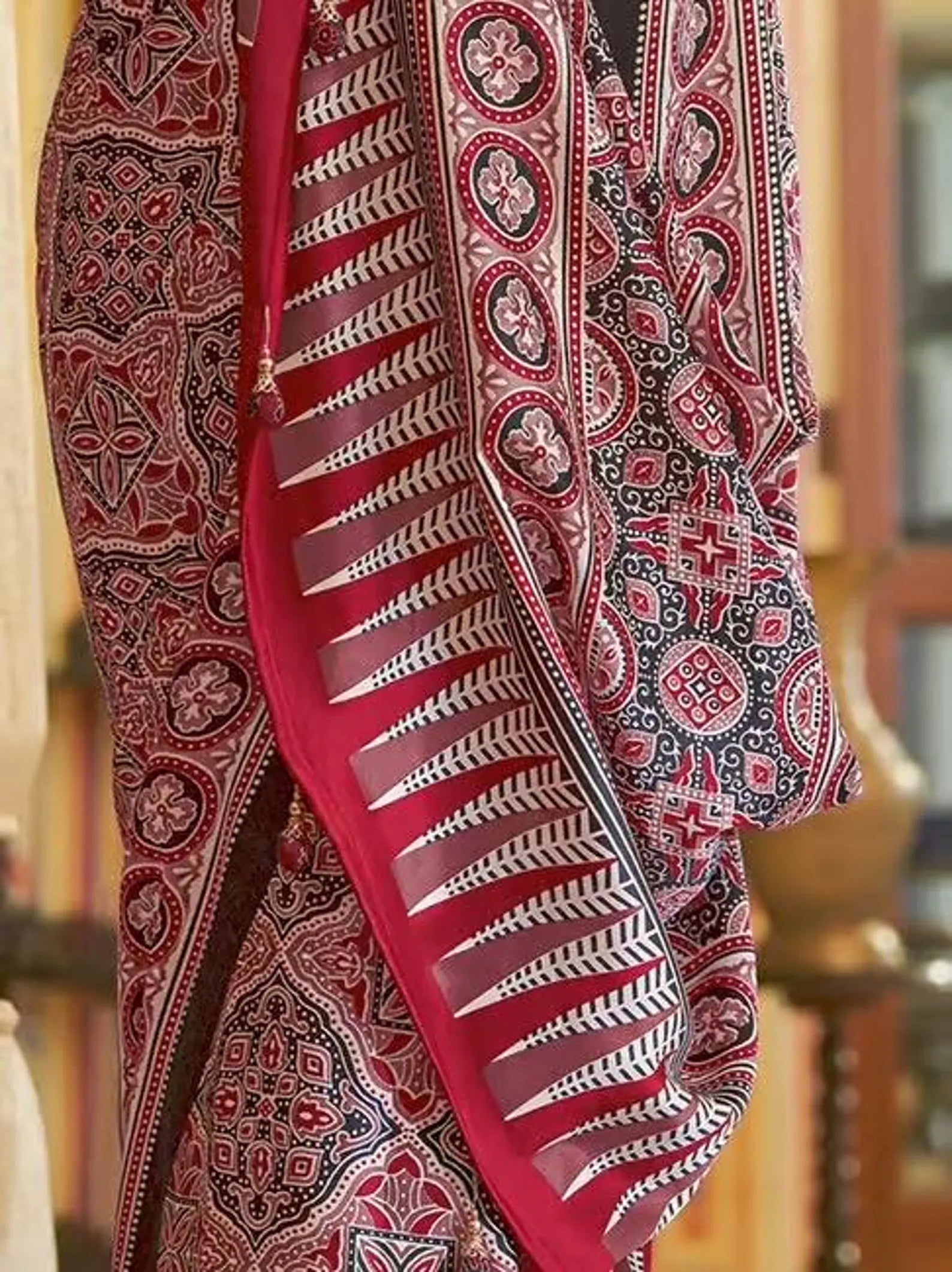 Ajrakh Printed Red Satin Crepe Saree