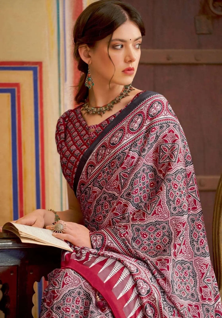 Ajrakh Printed Red Satin Crepe Saree