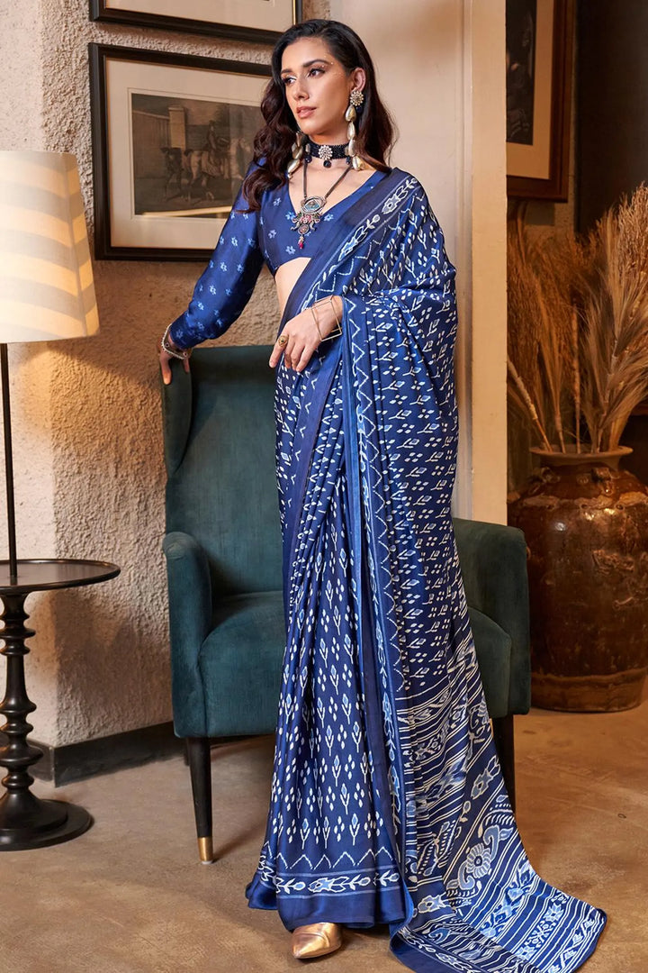 Royal Blue Printed Satin Crepe Saree