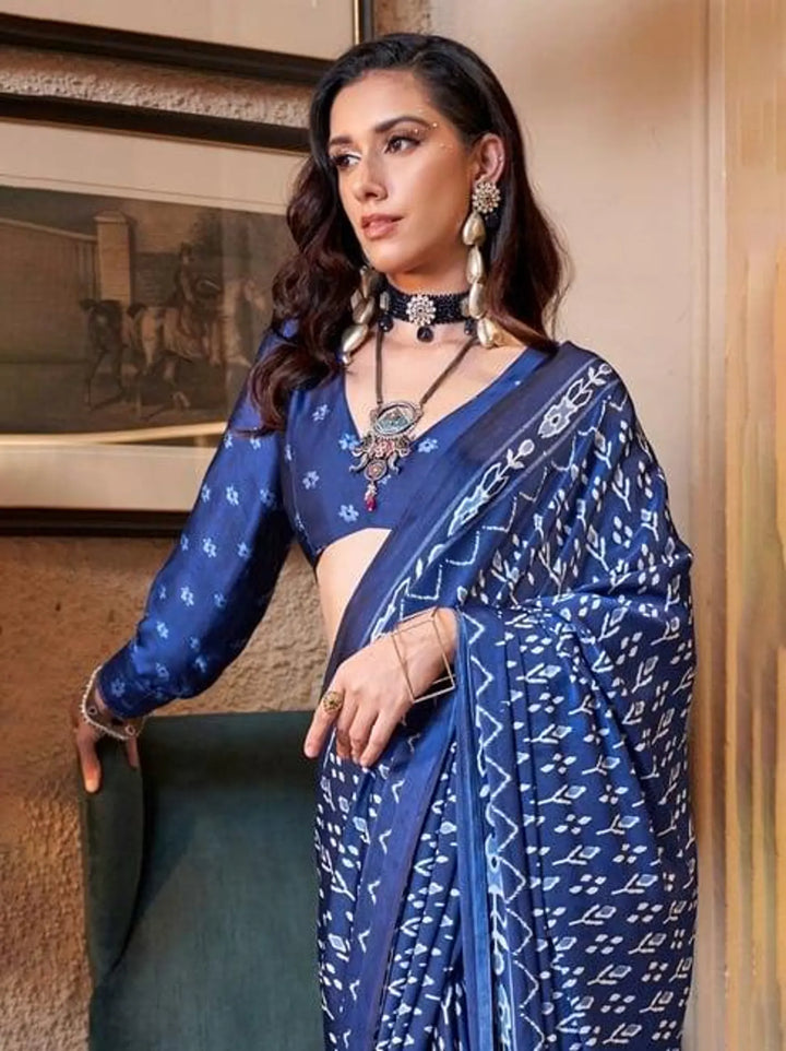 Royal Blue Printed Satin Crepe Saree