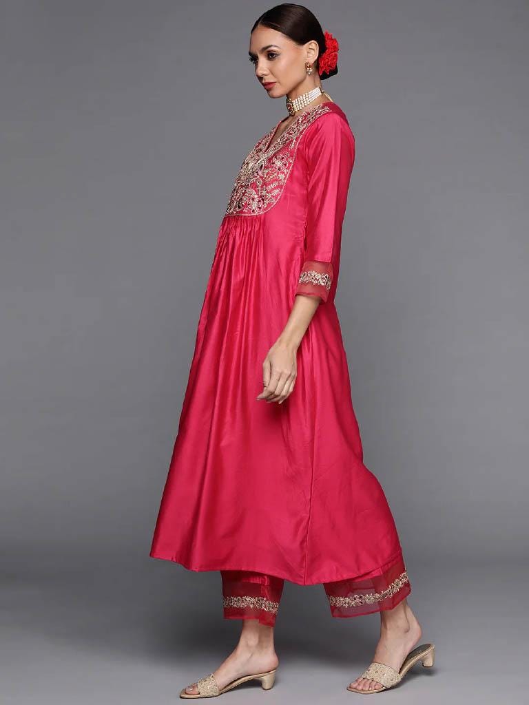 Rani Pink Embroidered Silk Blend Kurta Palazzo Dupatta Set