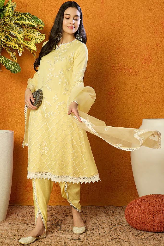 Yellow Organza Embroidered Kurta Dhoti Pant Set with Dupatta