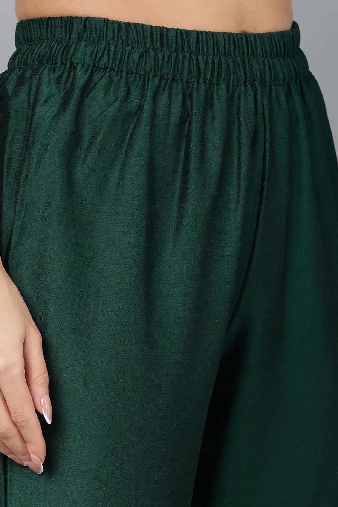 Emerald Green Kurta Set: Gold Foil Print Silk Blend Dupatta
