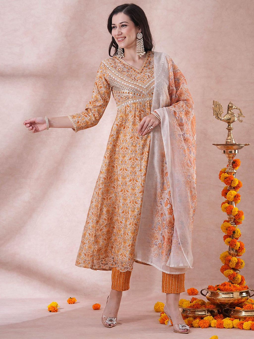Orange Muslin Silk Embroided  Kurta Set with Dupatta