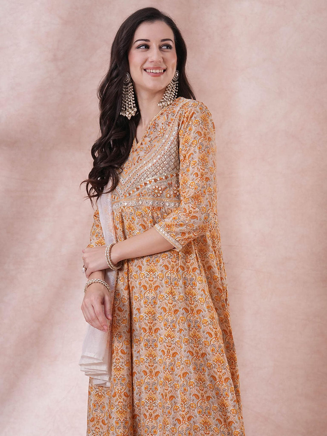 Orange Muslin Silk Embroided  Kurta Set with Dupatta