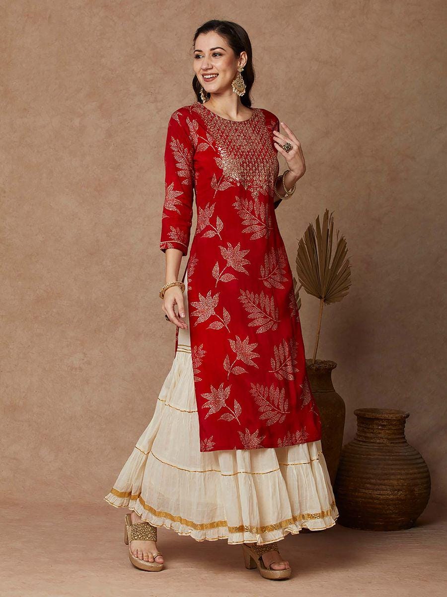 Red Silk Blend Kurta: Gold Foil Print, Zari Embroidery