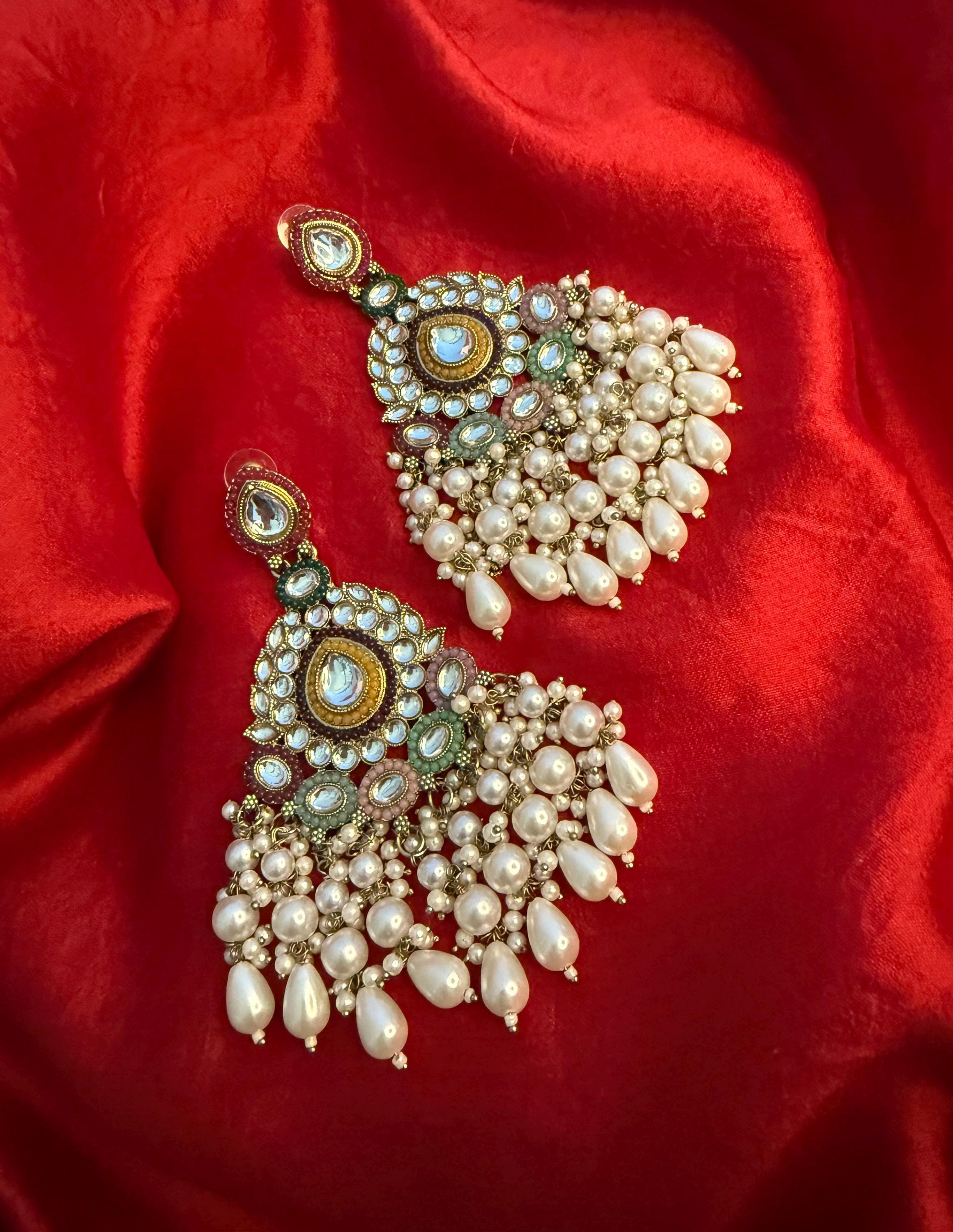 Exquisite Kundan Dangler Earrings with Multicolor Beads & Pearl Accents