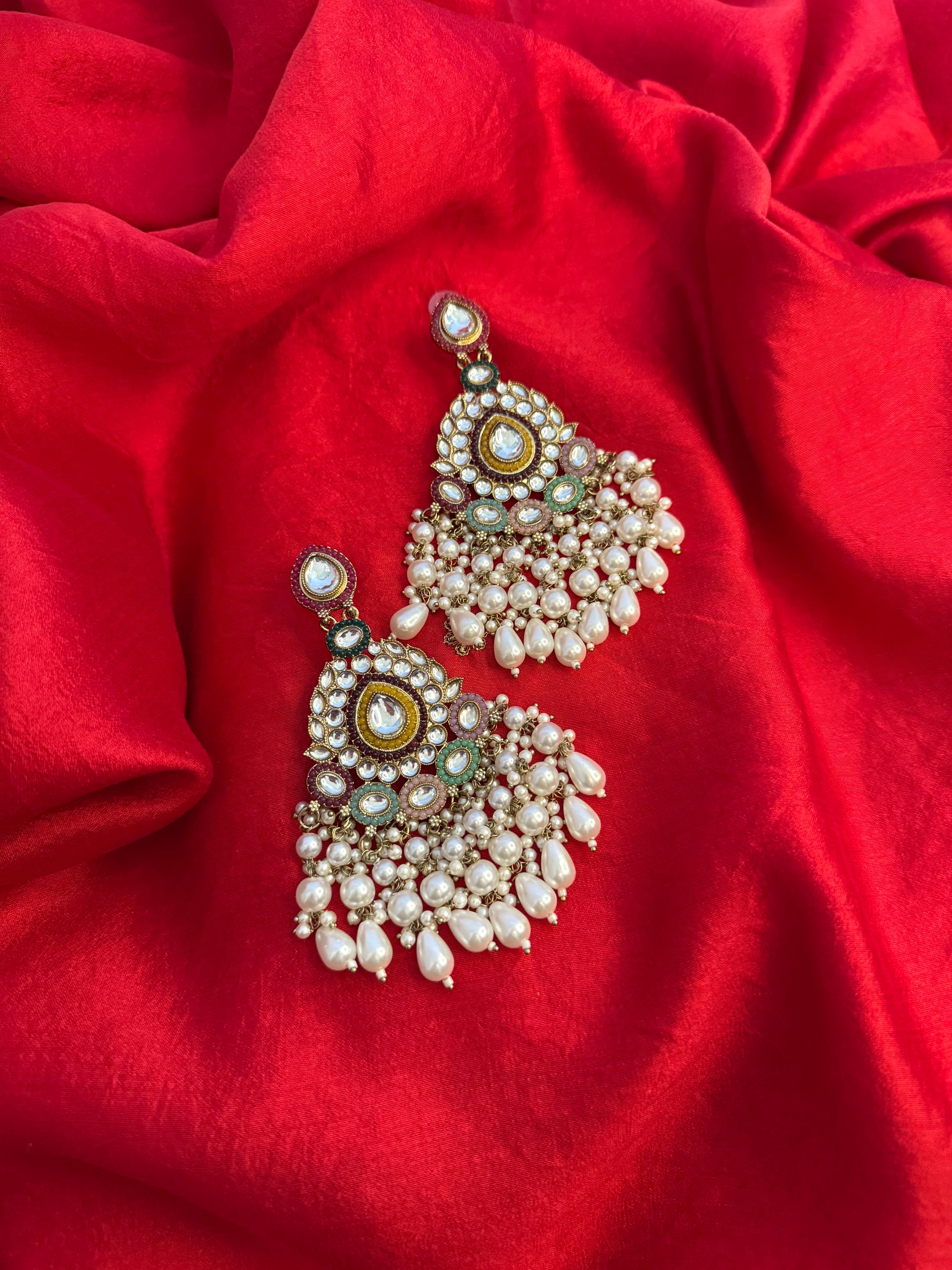 Exquisite Kundan Dangler Earrings with Multicolor Beads & Pearl Accents
