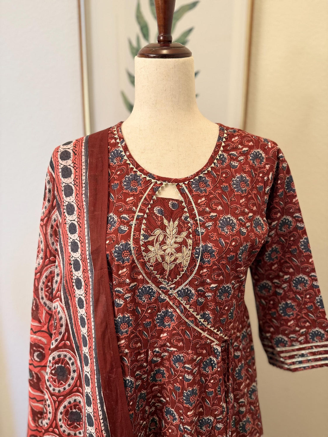 Maroon Cotton Anarkali Kurta Set: Gotta Patti Embroidery