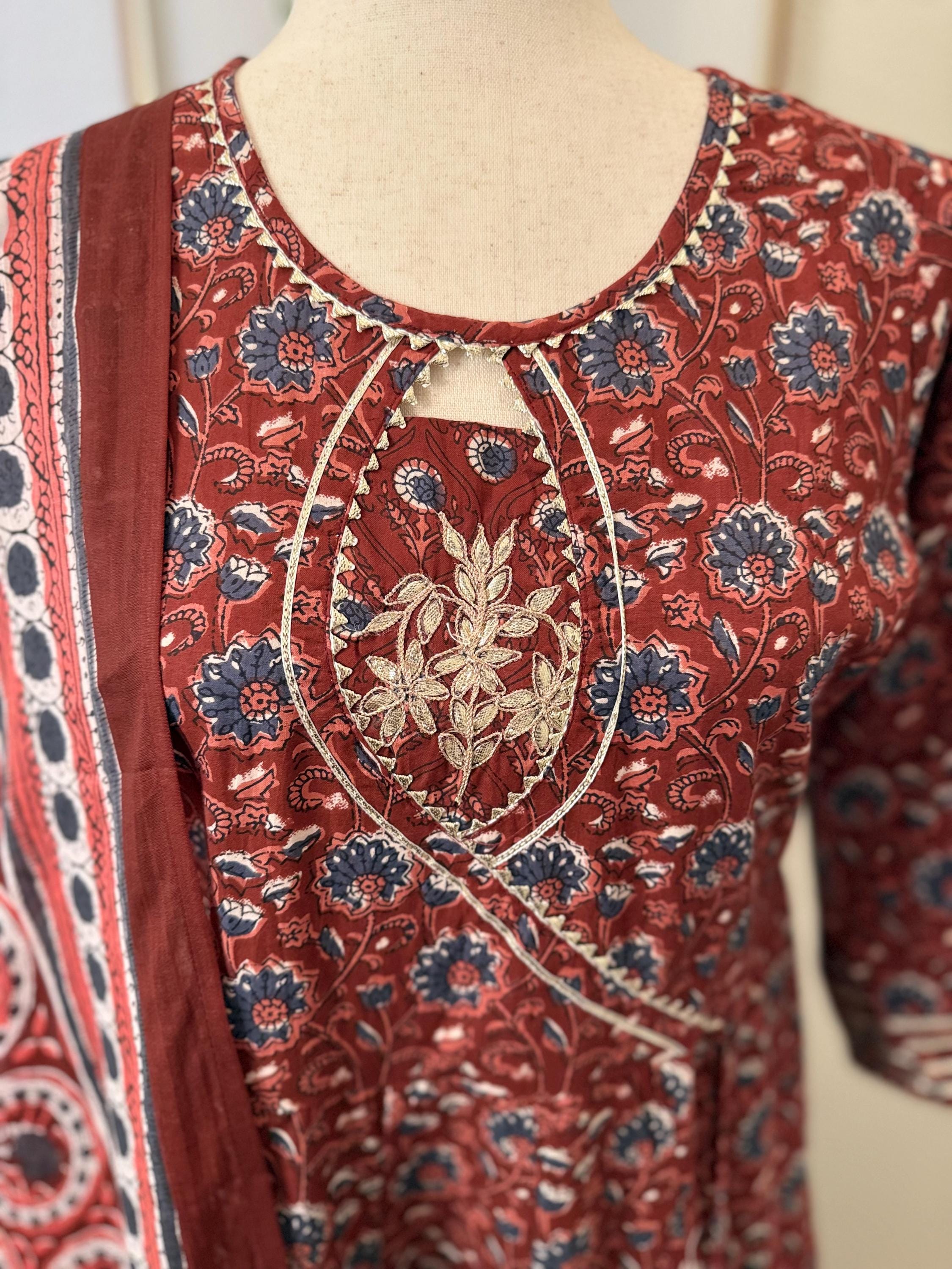 Maroon Cotton Anarkali Kurta Set: Gotta Patti Embroidery