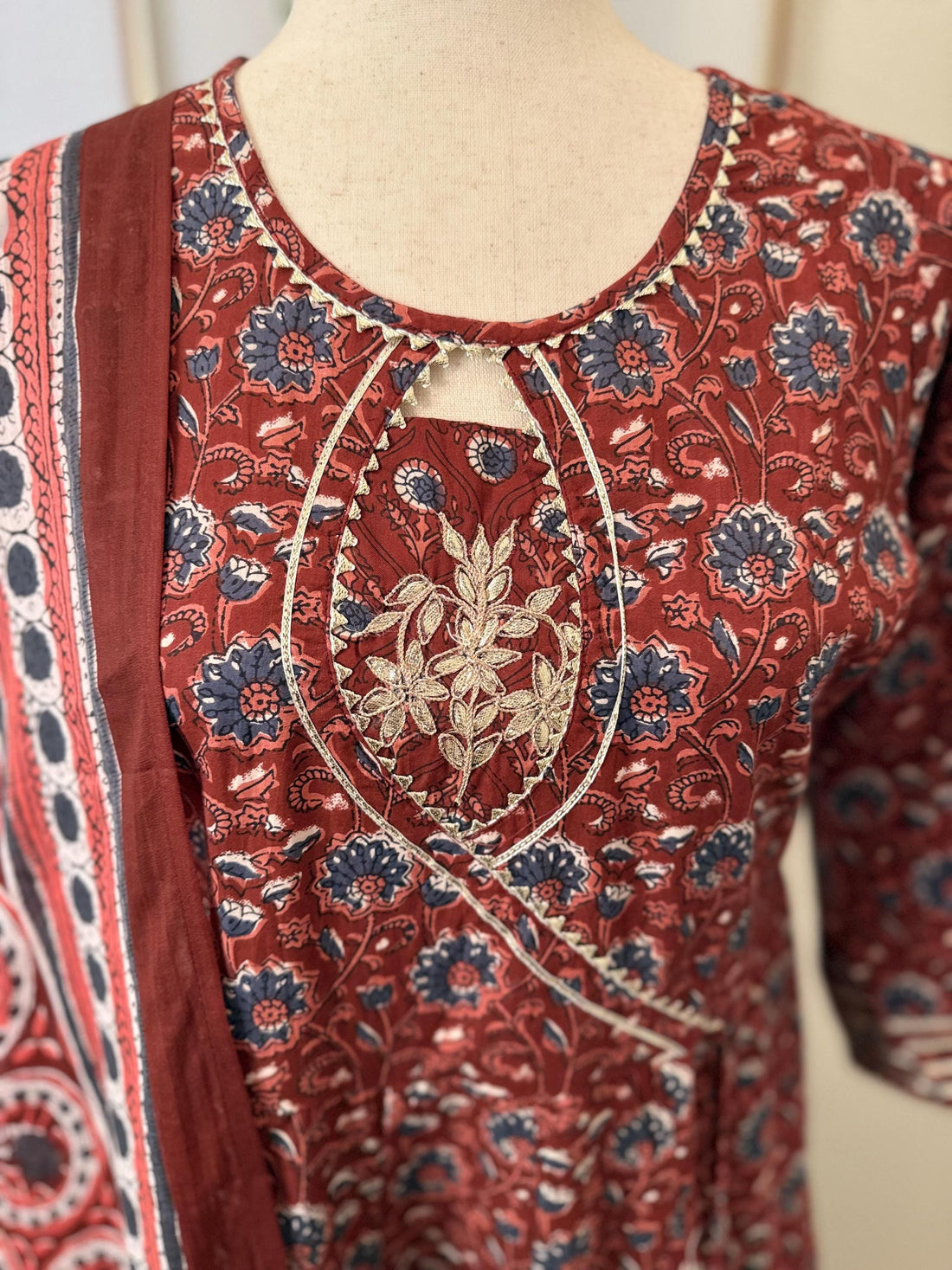 Maroon Cotton Anarkali Kurta Set: Gotta Patti Embroidery