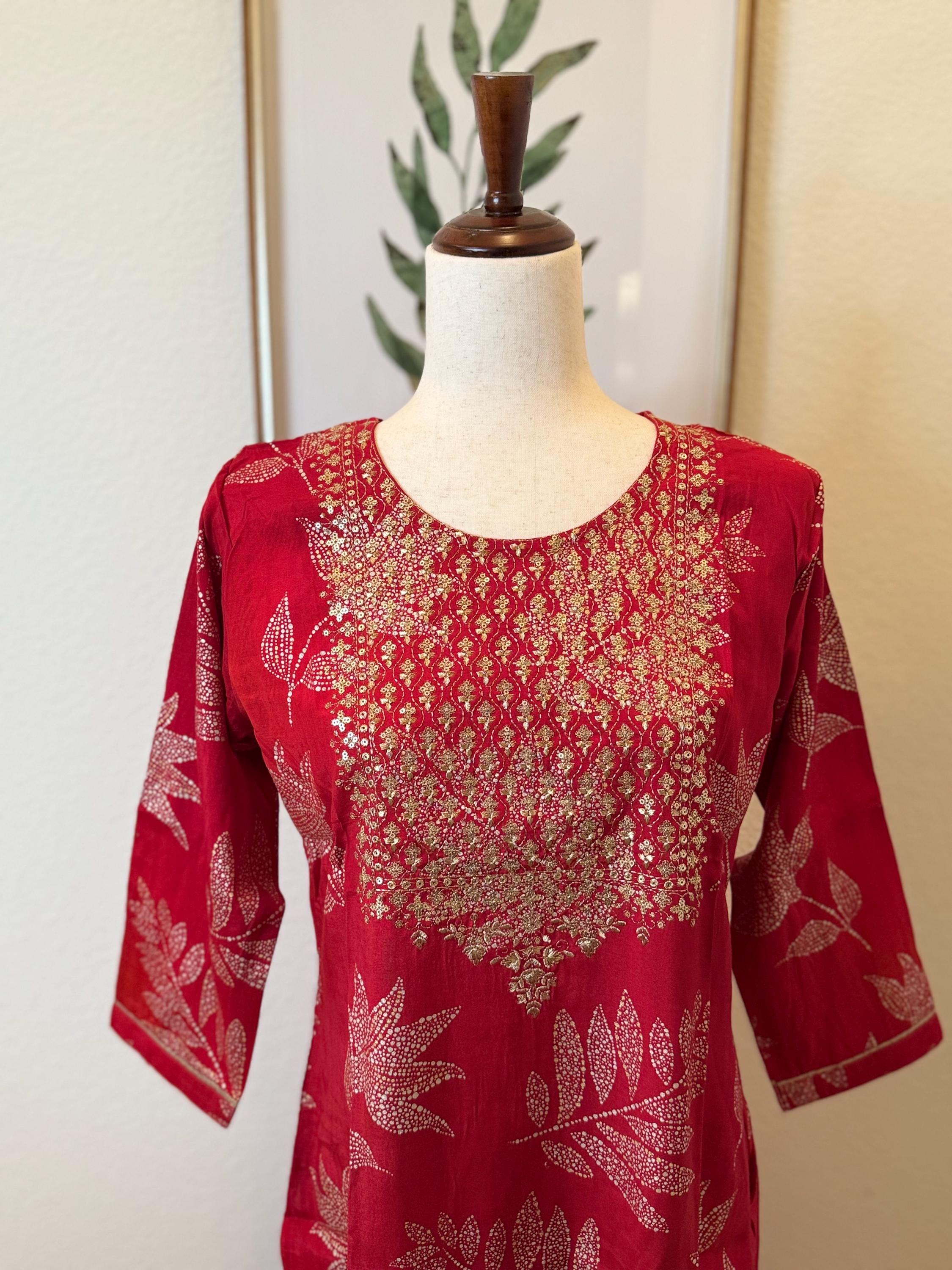 Red Silk Blend Kurta: Gold Foil Print, Zari Embroidery