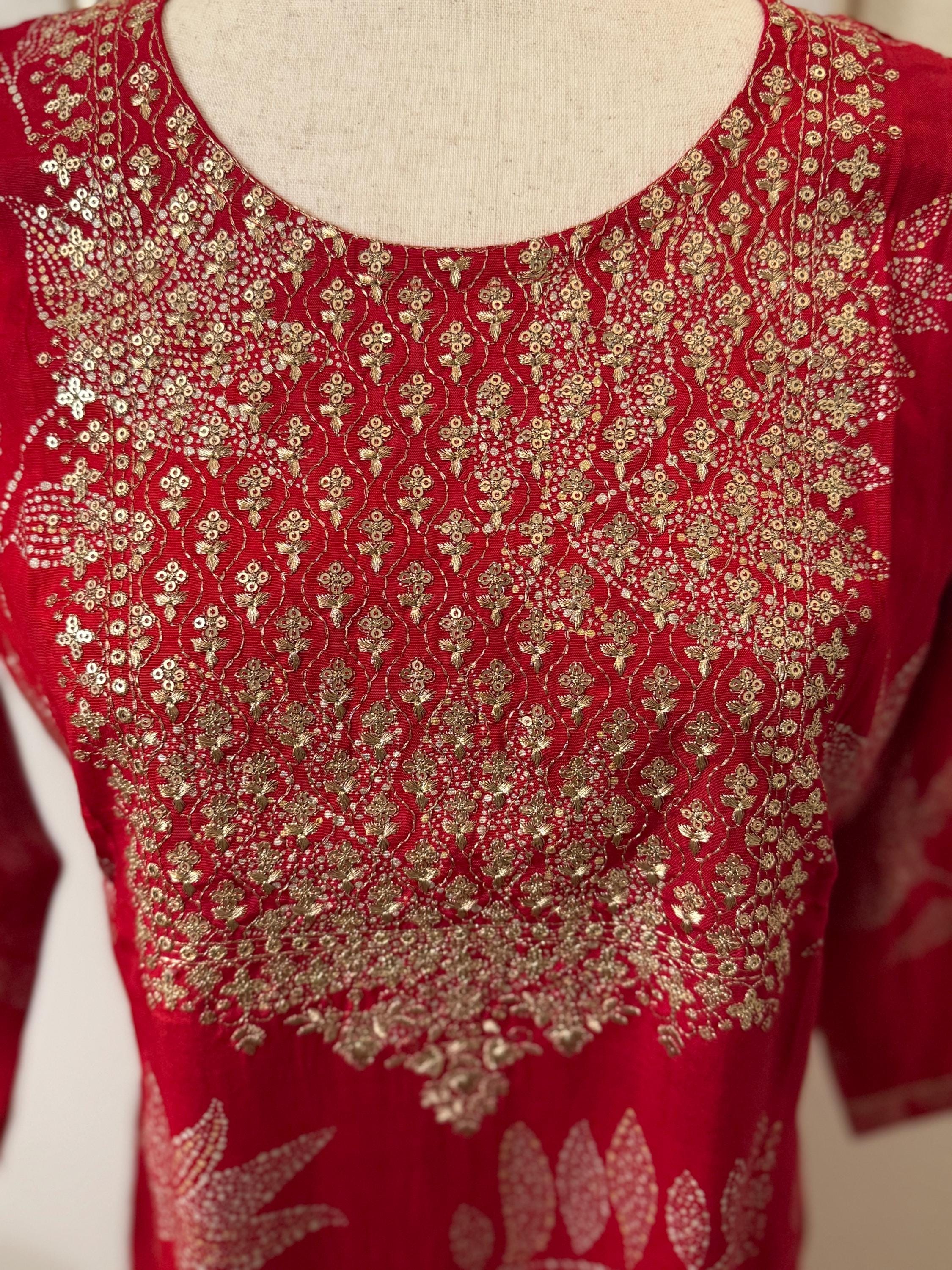 Red Silk Blend Kurta: Gold Foil Print, Zari Embroidery