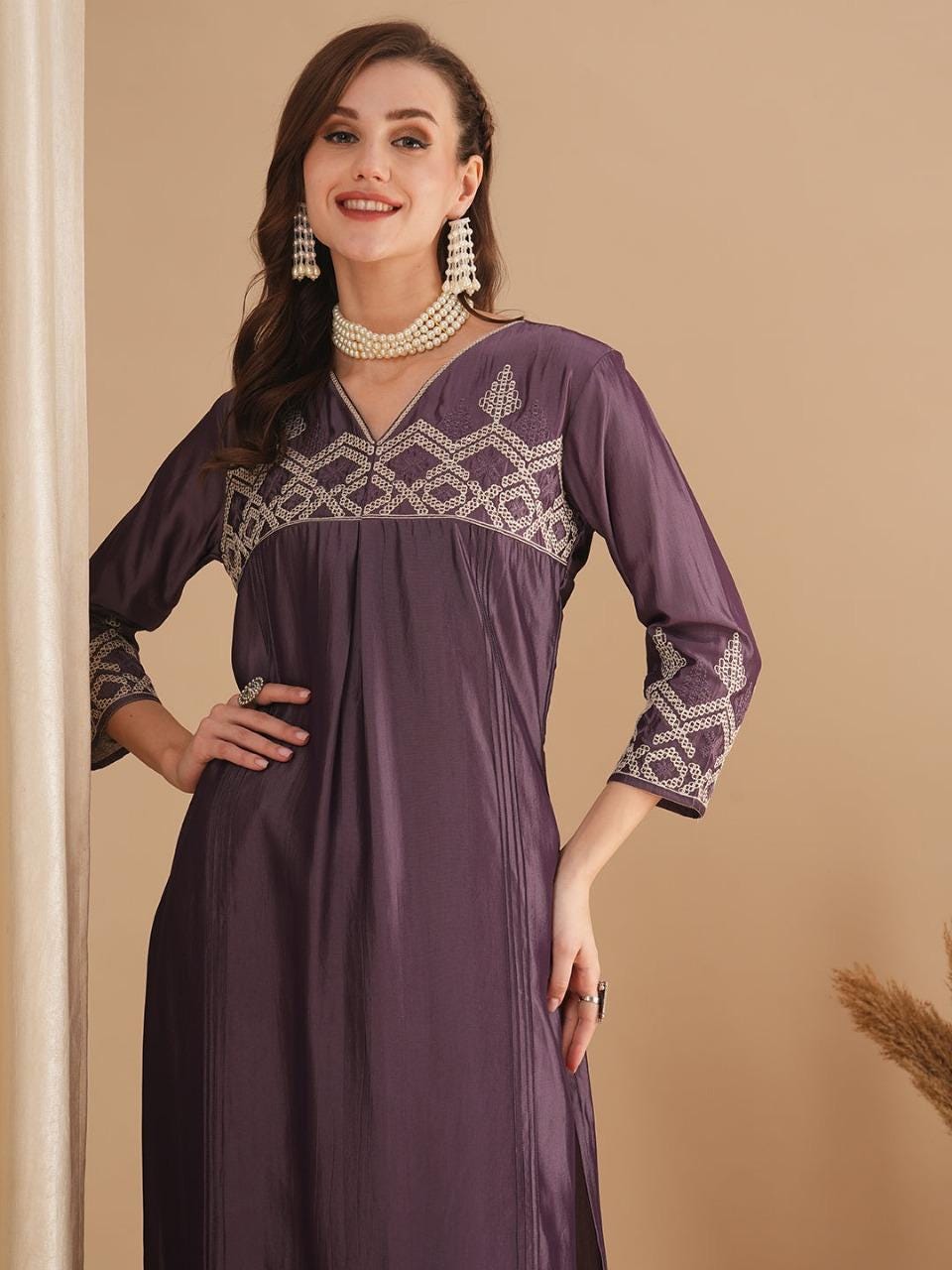 Purple Muslin Silk Kurta: Embroidered Ethnic Tunic