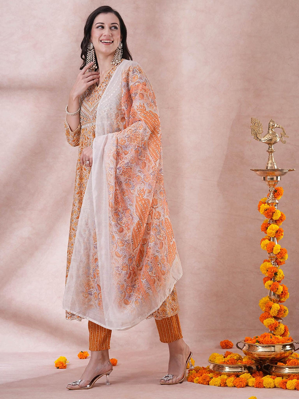 Orange Muslin Silk Embroided  Kurta Set with Dupatta