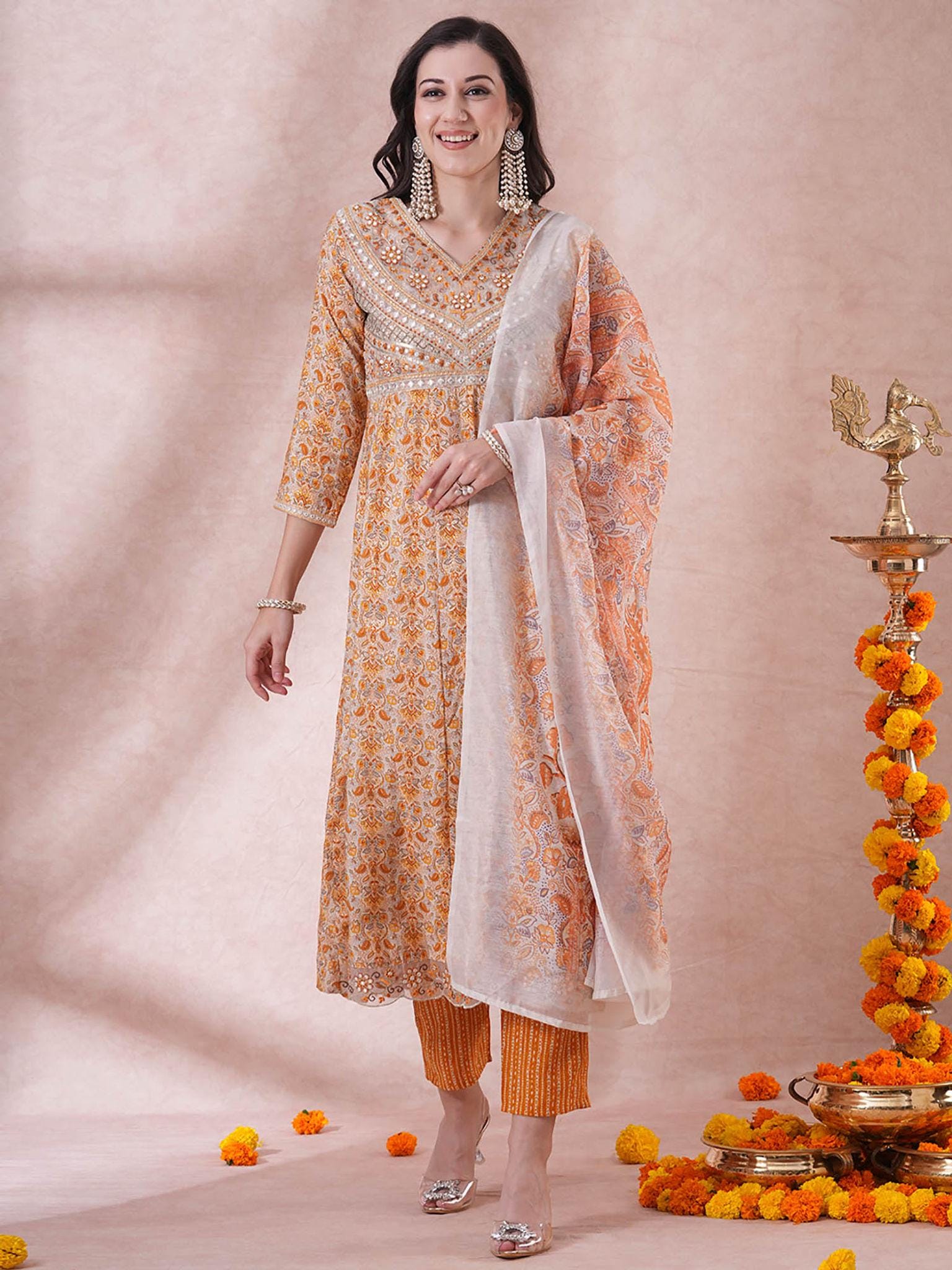 Orange Muslin Silk Embroided  Kurta Set with Dupatta