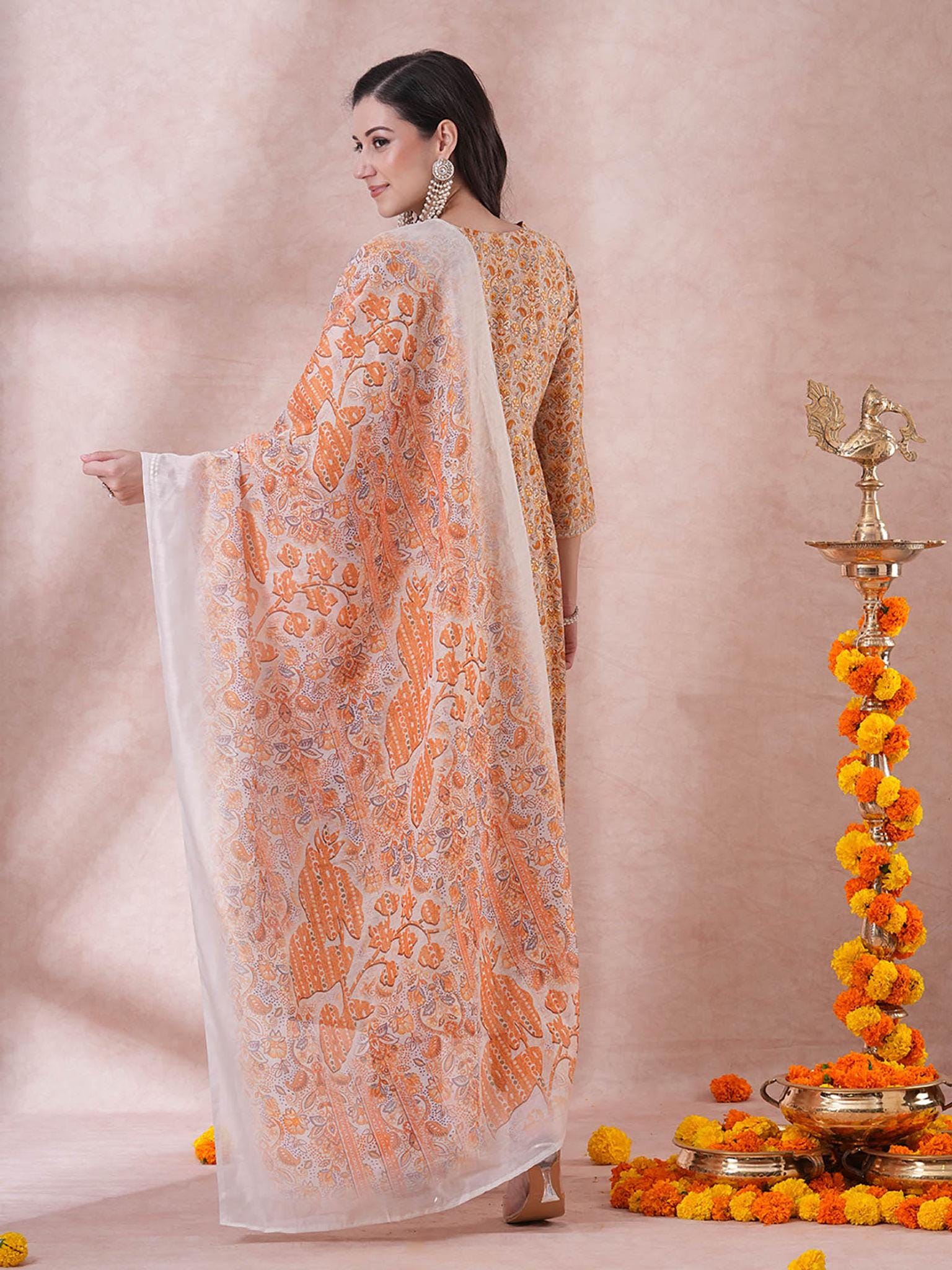 Orange Muslin Silk Embroided  Kurta Set with Dupatta