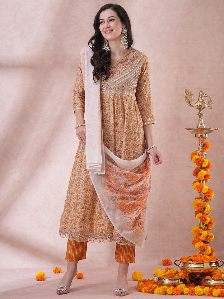 Orange Muslin Silk Embroided  Kurta Set with Dupatta
