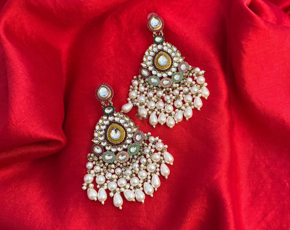 Exquisite Kundan Dangler Earrings with Multicolor Beads & Pearl Accents