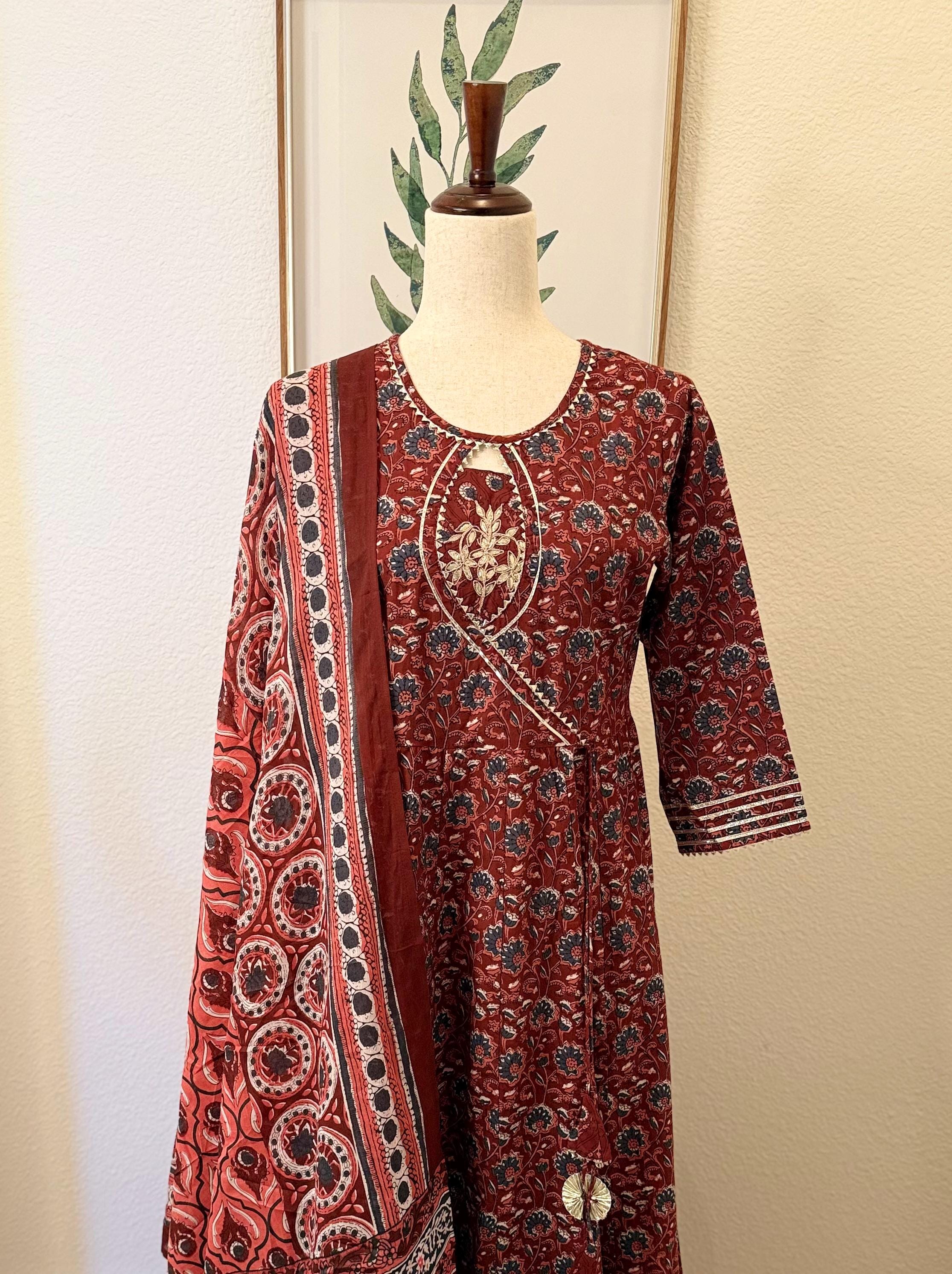 Maroon Cotton Anarkali Kurta Set: Gotta Patti Embroidery