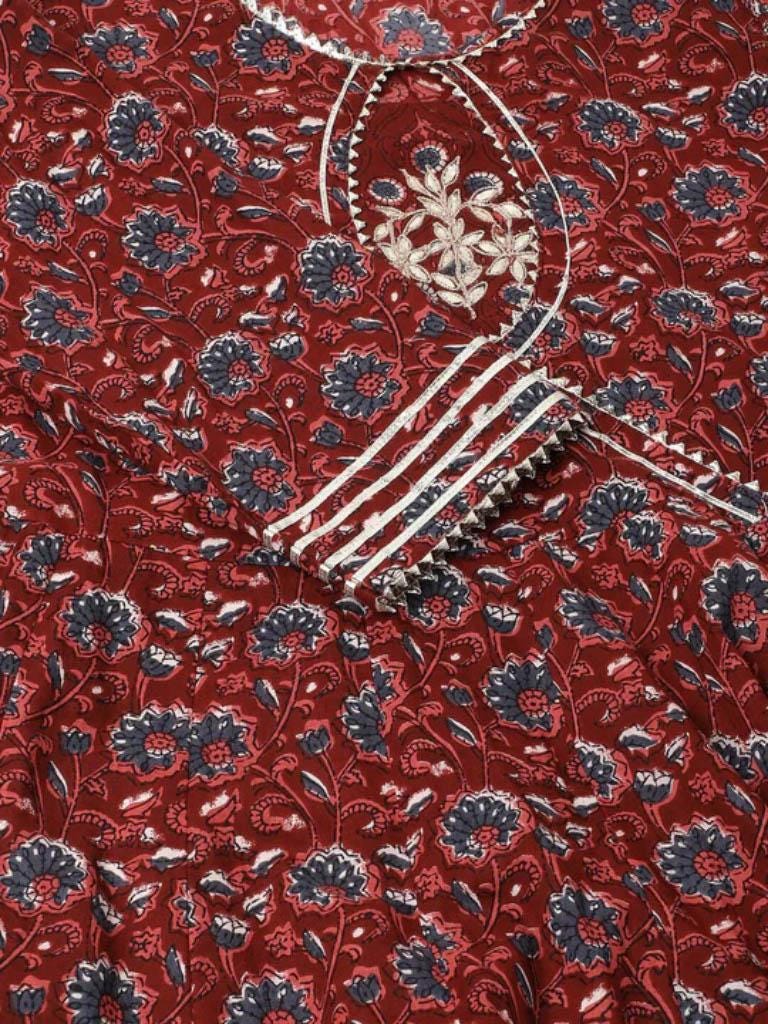 Maroon Cotton Anarkali Kurta Set: Gotta Patti Embroidery