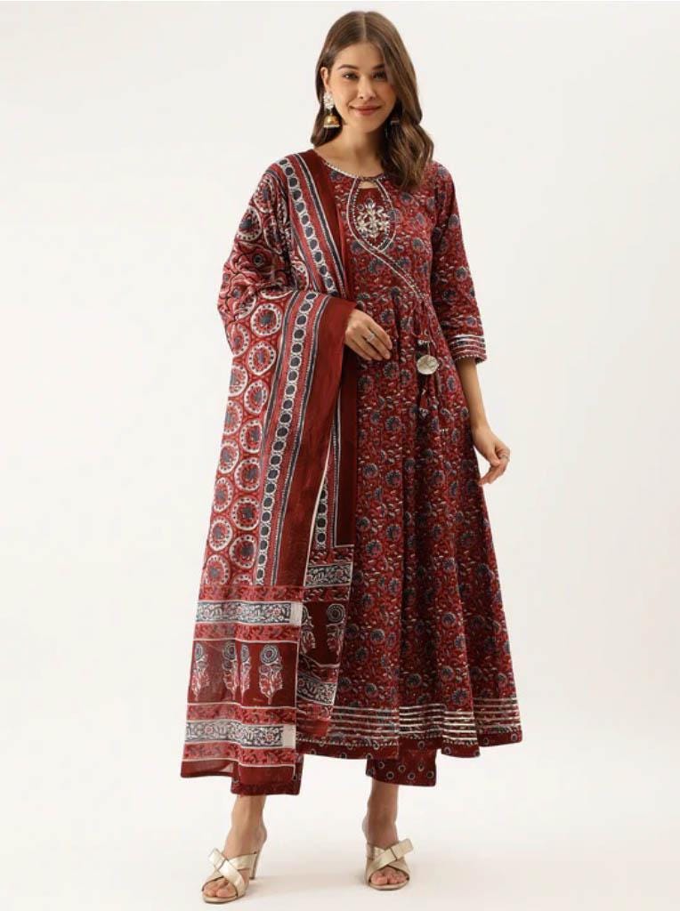 Maroon Cotton Anarkali Kurta Set: Gotta Patti Embroidery