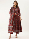 Maroon Cotton Anarkali Kurta Set: Gotta Patti Embroidery