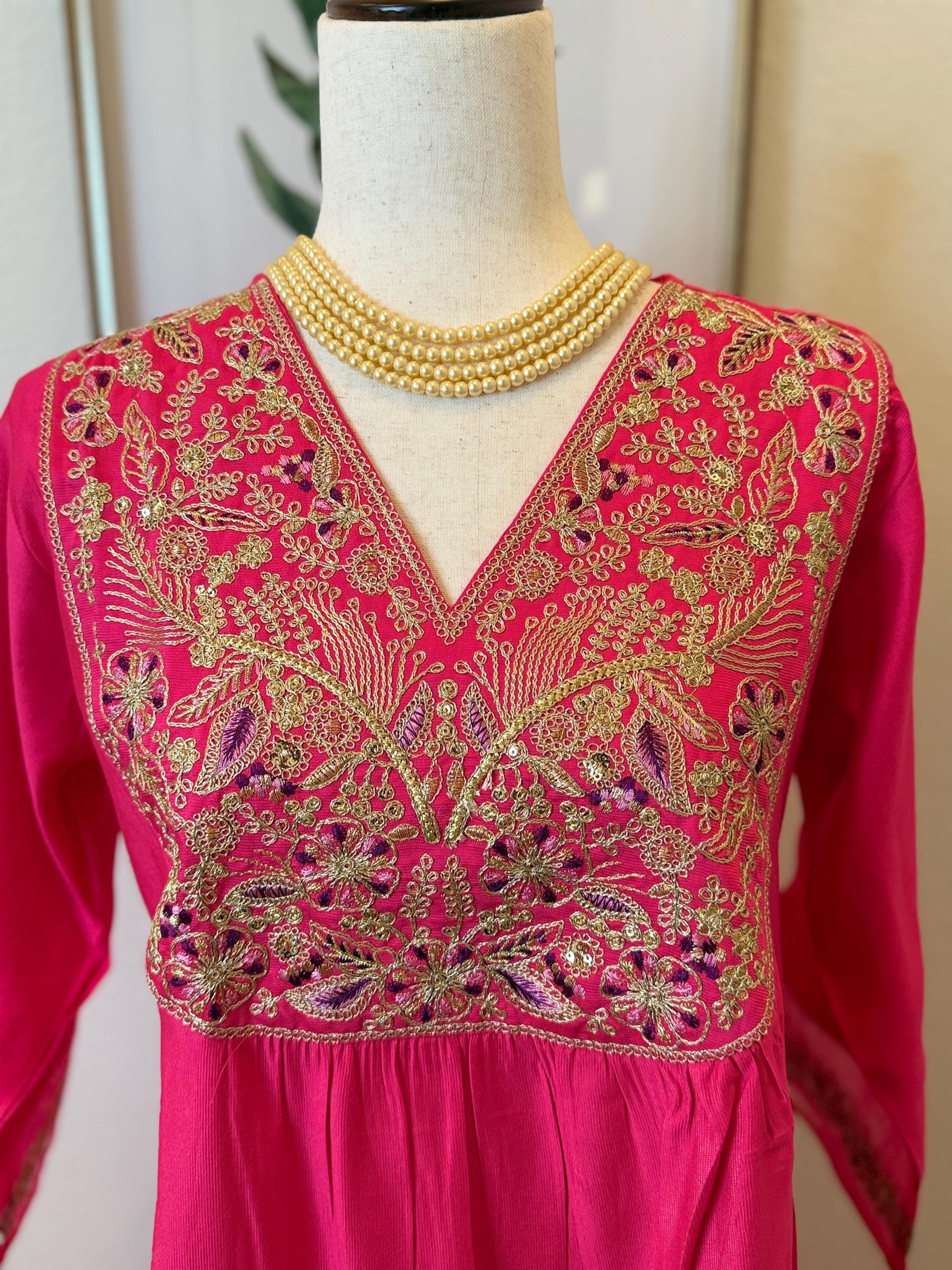 Rani Pink Embroidered Silk Blend Kurta Palazzo Dupatta Set