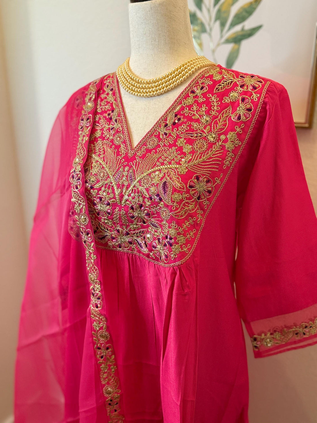Rani Pink Embroidered Silk Blend Kurta Palazzo Dupatta Set