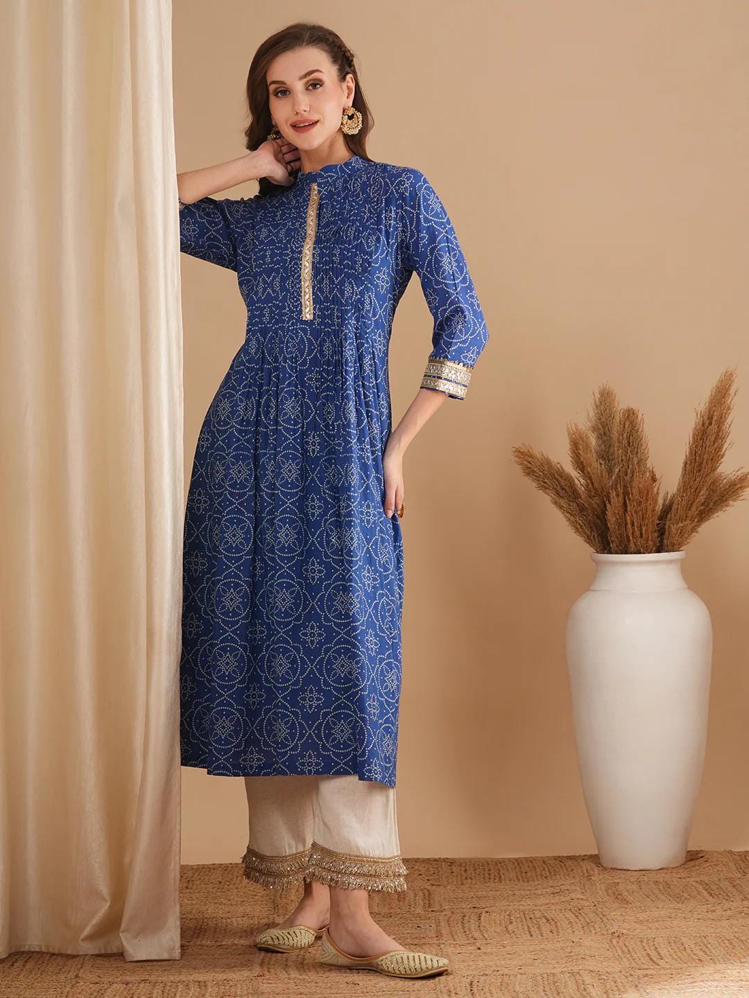 Bandhani Printed & Embroidered A-Line Pleated Kurta - Blue